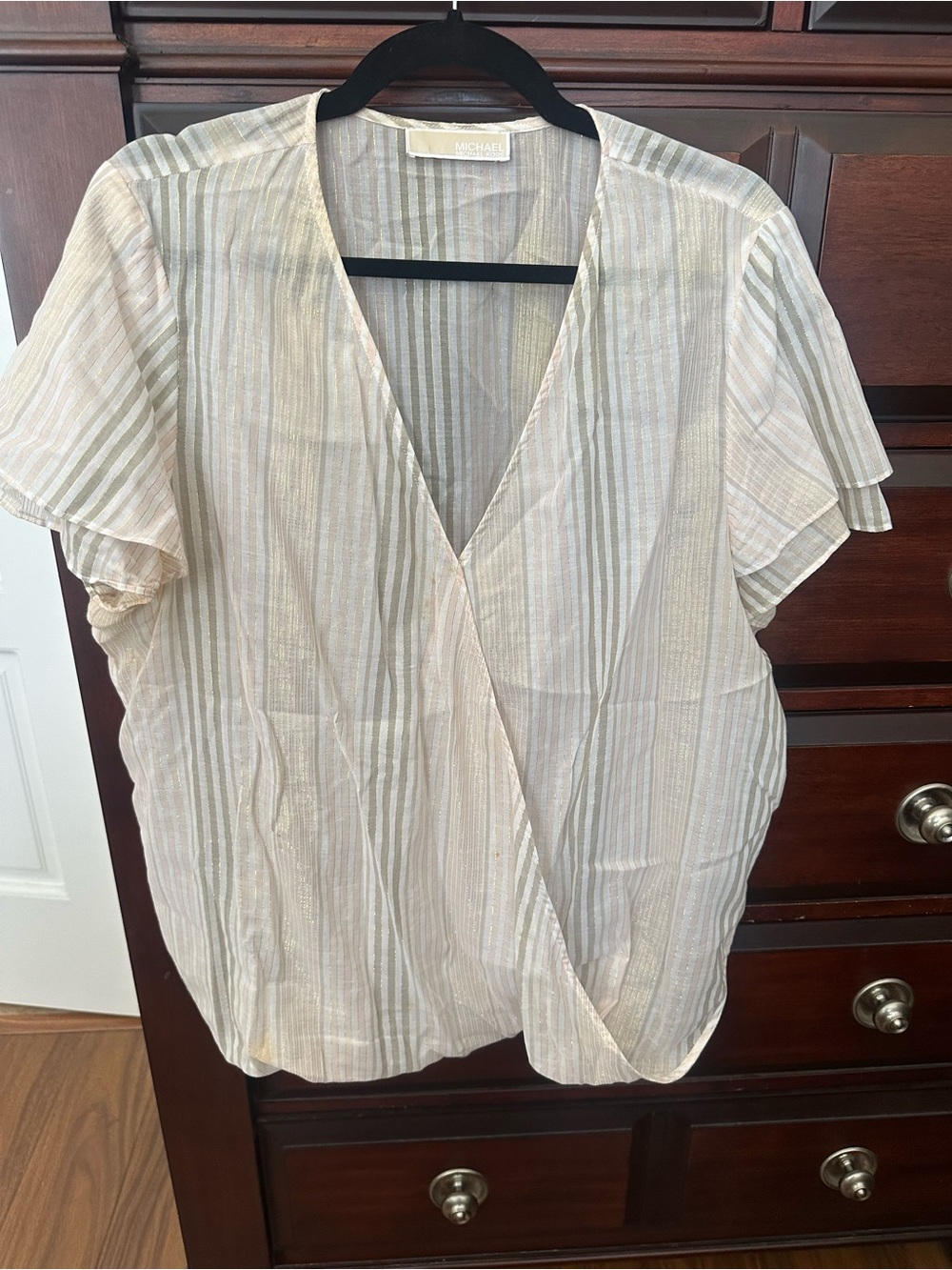 Michael Kors XL pastel gold shimmer Striped Wrap Blouse